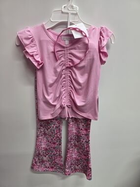 Girls' Pink Ruffle Top & Floral Pants Set With Matching Headband